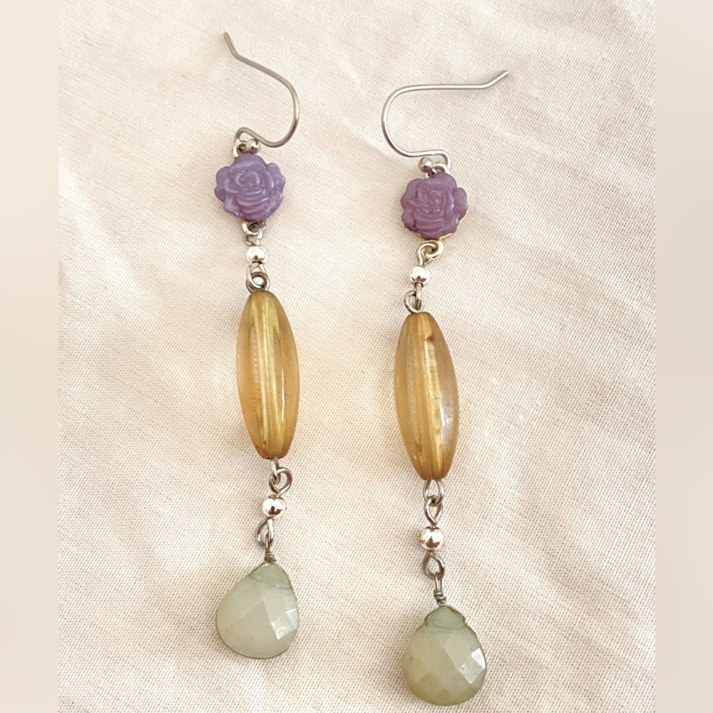 Vintage Dangle Earrings triple Tone Light Purple Citrine Peridot color